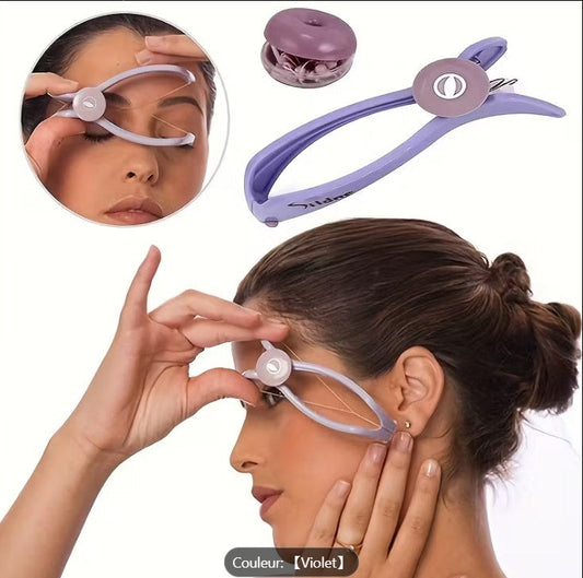 Woman using a purple facial roller on her face with close-up inset.